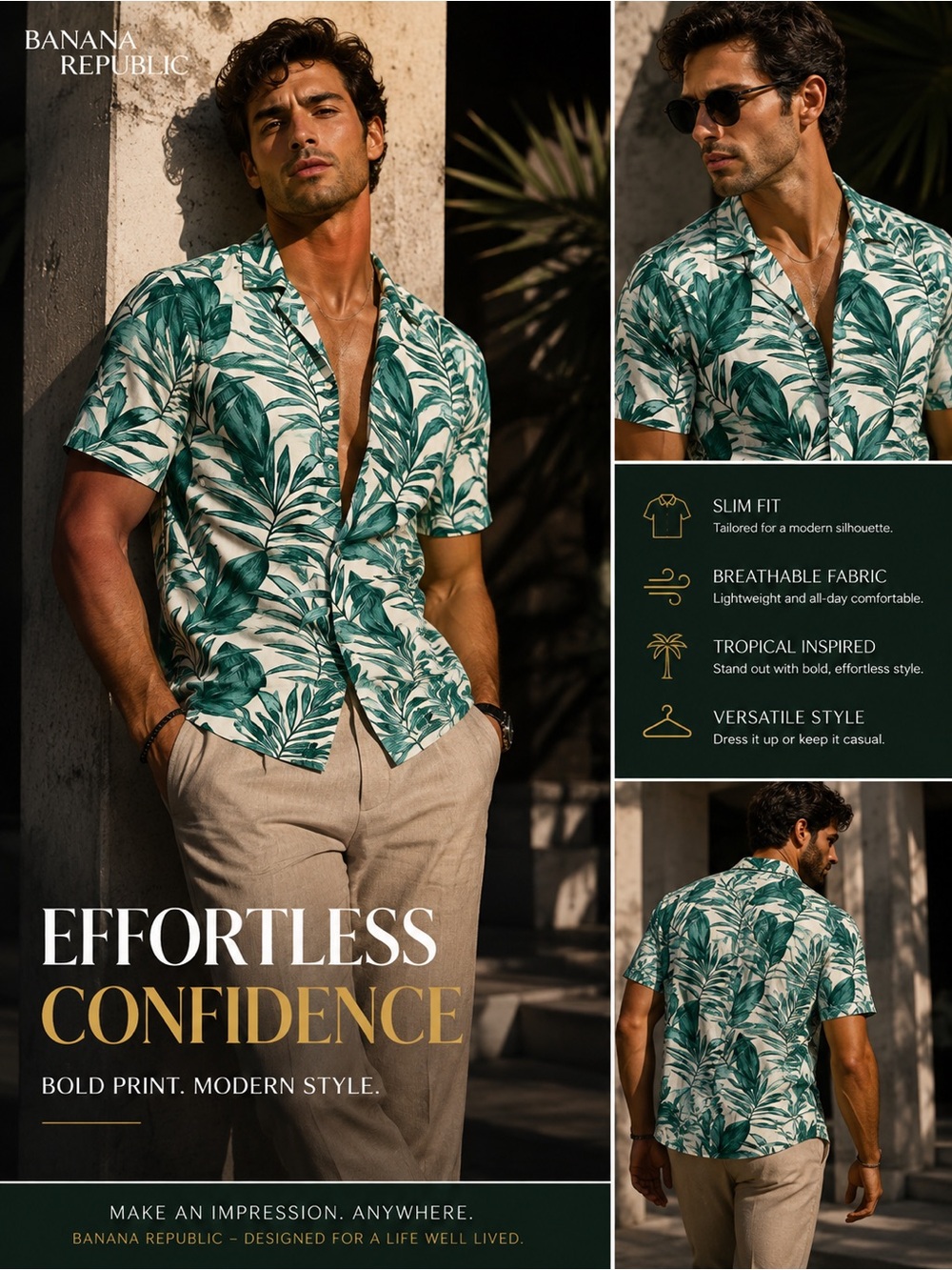Banana Republic Men’s Green Tropical Print Short Sleeve Shirt size Small